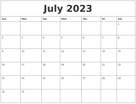 Printable Calendar For July 2023