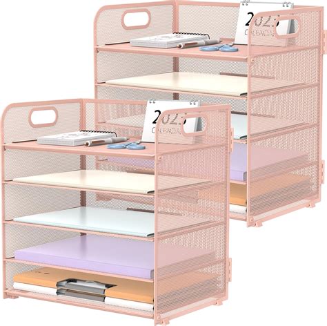 5 Trays Paper Organizer with Handle - Mesh Desk File/Letter Organizer ...