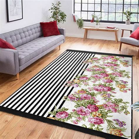 Floral Area Rugs, Pink Rose Anti-slip Carpet, Black and White Stripes ...