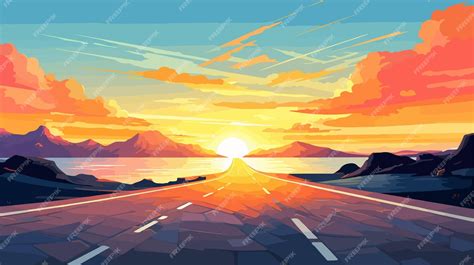 Premium Vector | A painting of a sunset with mountains in the background