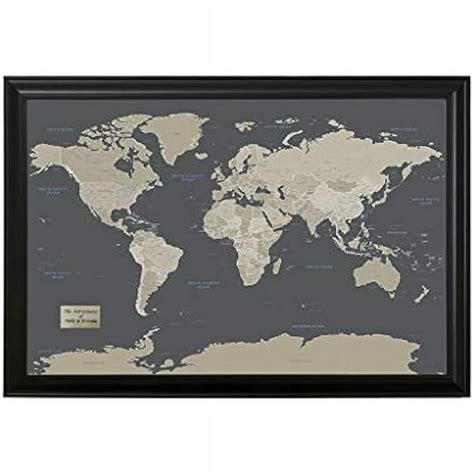 Personalized Earth Toned World Push Pin Travel Map with Black Frame and Pins - 27.5 inches x 39. ...
