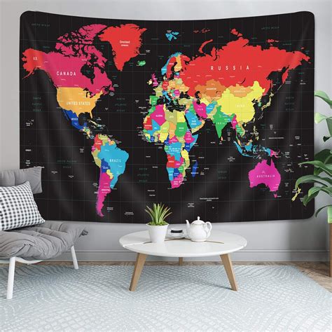 Amazon.com: World Map Tapestry, Black Map of World Vintage Topography Educational Tapestries ...