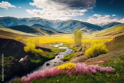 Beautiful spring landscape, mountains, flowers, art illustration Stock Illustration | Adobe Stock