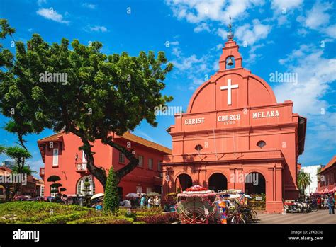 August 12, 2018: Stadthuys and Melaka Red Clock Tower, aka Tang Beng Swee Clock Tower, located ...