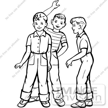 Clipart Of Retro Boys Talking And Waving In Black And White - Royalty ...