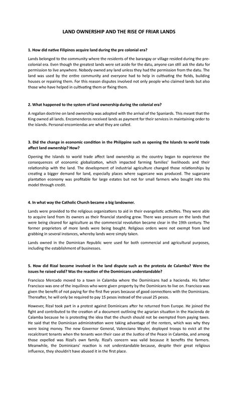 R7 - R7 RIZAL - LAND OWNERSHIP AND THE RISE OF FRIAR LANDS How did native Filipinos acquire land ...