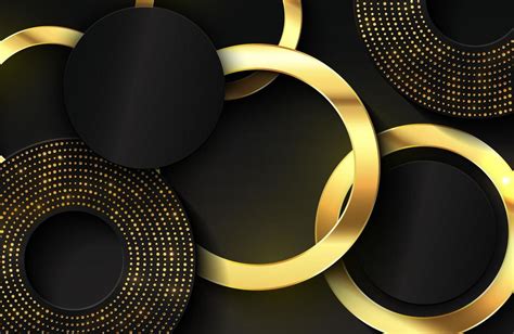 Luxury elegant background with shiny gold circle element and dots particle on dark black metal ...