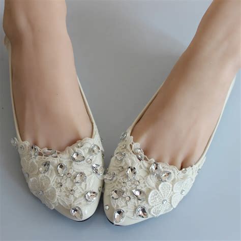 Handmade wedding shoes flat white rhinestone lace flower bridal shoes ...