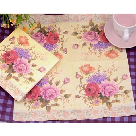 HAOCHU 40pcs Rose Flower Print Tissue Paper Decoupage Napkins Dinner ...