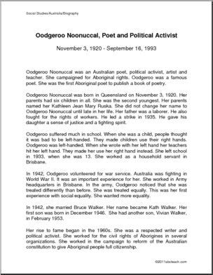 Biography: Australian Poet Oodgeroo Noonuccal (elem) – Abcteach