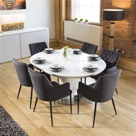 Extending Round Oval Dining Set White Gloss Table 6 Charcoal Carver ...