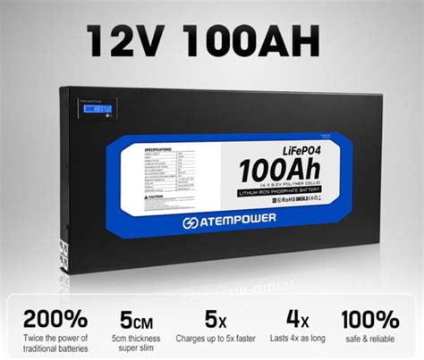 ATEMPOWER 100Ah 12V Slimline Lithium Battery LiFePO4 Deep Cycle Battery ...