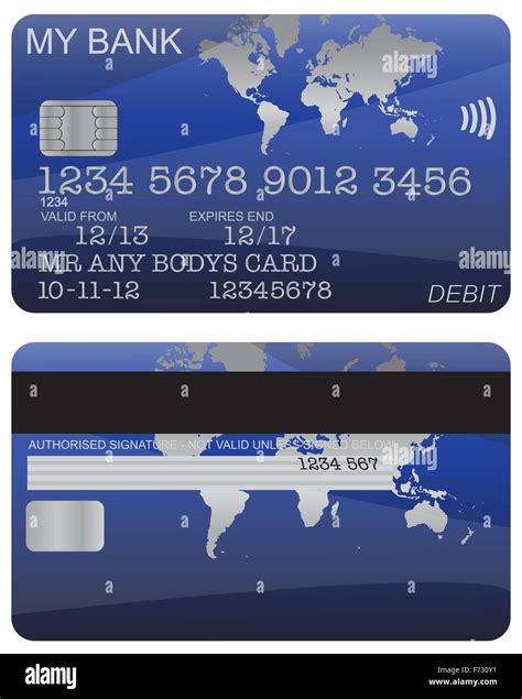 Front and back of a blue world map debit card design with detail ...