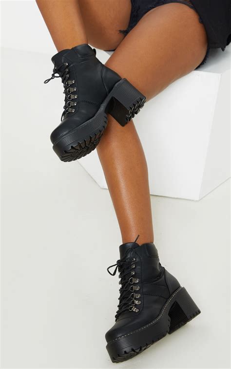 Black Cleated Platform Chunky Lace Up Ankle Boot | PrettyLittleThing