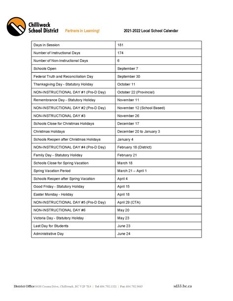 School Calendar 2021/2022 | Chilliwack School District #33