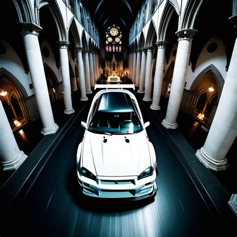 Gothic Cathedral Interior View from Nissan Skyline GTR34 VSpec Stanced White Beauty in ...