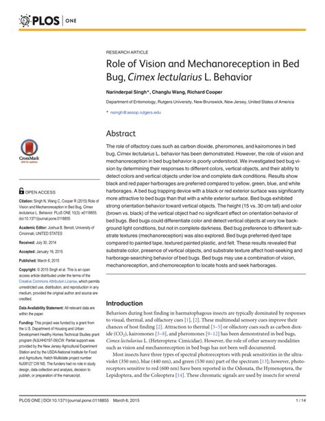 (PDF) Role of Vision and Mechanoreception in Bed Bug, Cimex lectularius L. Behavior