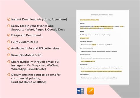 Minutes for a Formal Meeting Template in Word, Google Docs, Apple Pages