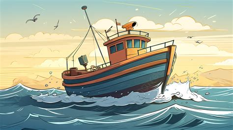 Cartoon Vector Illustration Of A Fishing Boat In The Ocean On A Sunny Day Background, Picture Of ...