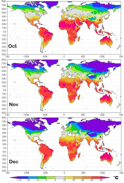 Autumn isotherm world maps from October to December. The small x over... | Download Scientific ...