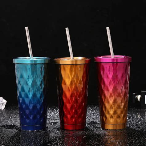 Travel Coffee Cup with Straw Insulated Tumbler Stainless Steel Mug Office Cold Cup Car Drinking ...