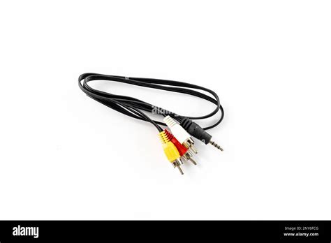 RCA cable with three red, white, and yellow plugs isolated on white ...