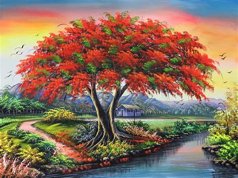 Flamboyant Tree Painting Colorful Oil Painting Landscape - Etsy