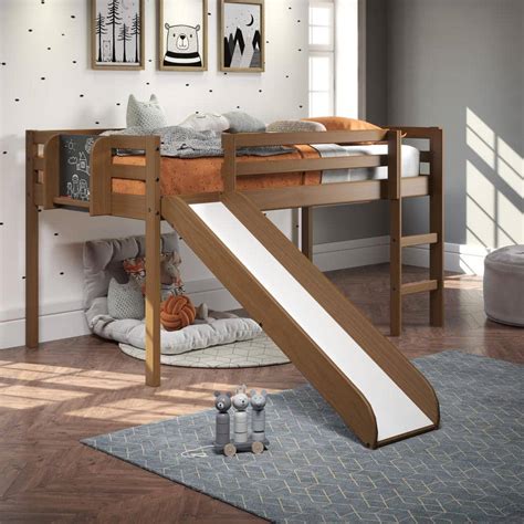 HOMESTOCK Latte Twin Wood Loft Bed with Slide, Kids Low Loft Bed with Slide, Ladder and ...