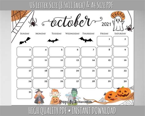 October Month Calendar 2023, Halloween Planner, Printable, Pumpkin, Spiders Webs, Boo Ghost ...