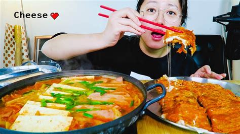 (Recipe Mukbang)Cheese Stuffed Kimchi Pancake + Kimchi Spam Stew Kimchi themed Mukbang! - YouTube