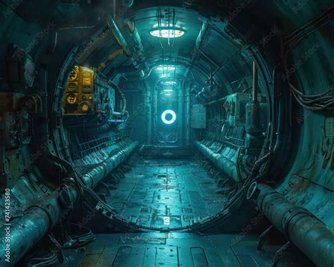 Submarine interior deep sea voyage eerie underwater claustrophobic realism metallic blue sonar ...