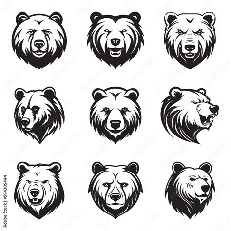 Bear head logo, silhouette set, black icon, mascot, bear silhouette, animals vector illustration ...