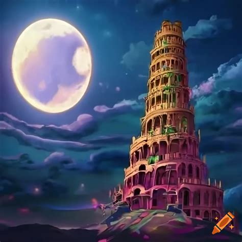 Anime tower of babel with a sky island and full moon on Craiyon