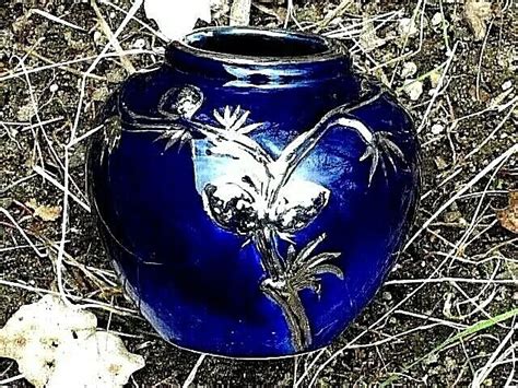 WELLER POTTERY VASE COBALT BLUE WITH SILVER OVERLAY 1920s $85.00 - PicClick