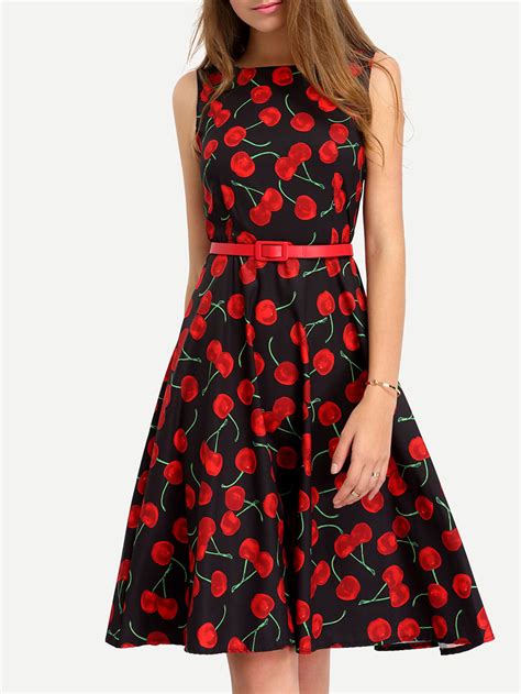 Cherry Print Fit Flare Dress -SheIn(Sheinside)