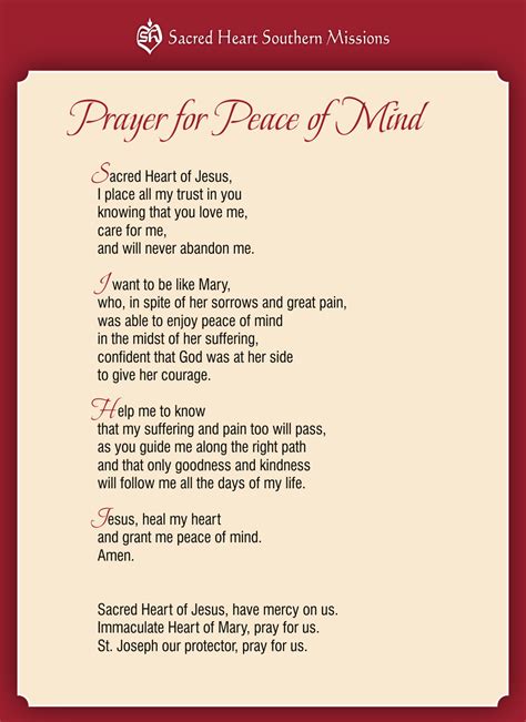 Prayer for Peace of Mind - Sacred Heart Southern Missions