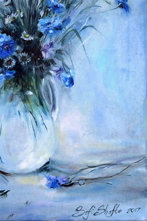 Floral Painting Original Blue Cornflower Canvas 16x20 | Etsy