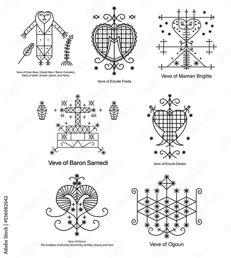 Veve of Erzulie Dantor, Erzulie Freda, Oshun, Baron Samedi, Ogoun, Maman Brigitte, Gran Bwa ...