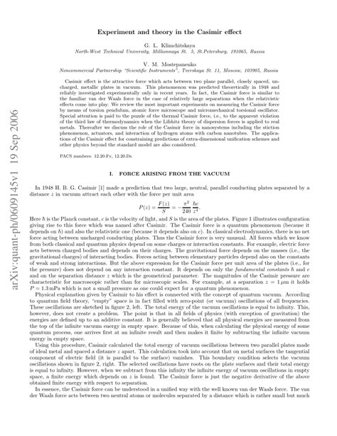 (PDF) Experiment and Theory in the Casimir Effect