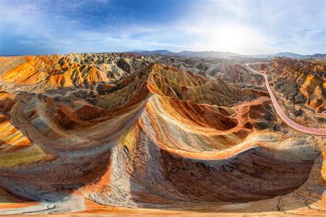 Aerial view of Colourful mountains of the Zhangye Danxia Geopark, China ...