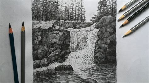 Waterfall drawing in pencil | draw & shade a waterfall in pencil ...