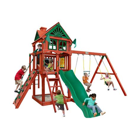 Five Star II Wooden Swing Set with Monkey Bars, Rock Climbing Wall, and ...