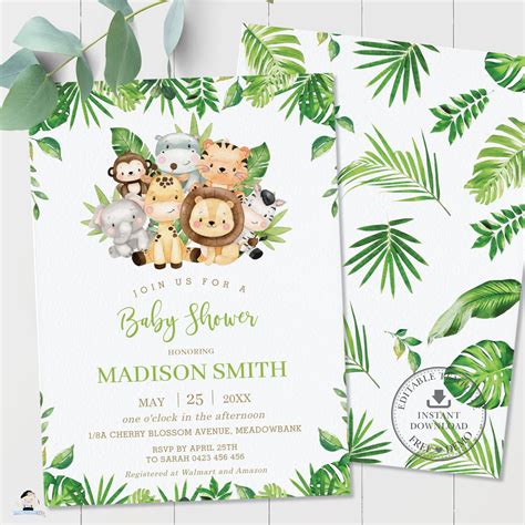 Cute Greenery Jungle Animals Safari Baby Shower Invitation - Editable ...