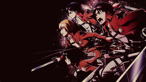 Attack On Titan Armin Arlert Eren Yeager Levi Ackerman Mikasa Ackerman With Background Of Dark ...