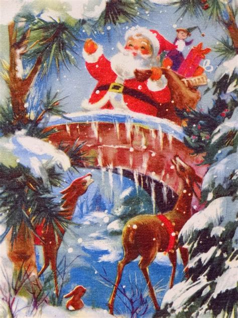 731 60s MID Century Santa Deer Vintage Christmas Greeting Card | eBay Christmas Card Images ...