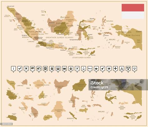 Indonesia Detailed Map Of The Country In Brown Colors Divided Into ...