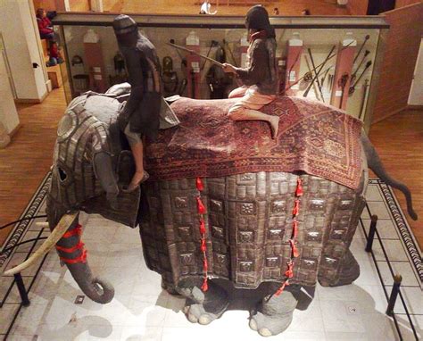 Indian War Elephant armor, 17th century, made of sheet iron panels and mail. Some of the panels ...