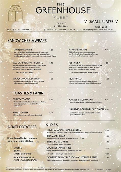 Menu at The Greenhouse restaurant, Fleet