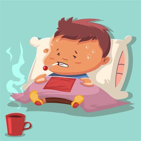 Premium Vector | Flu cartoon with a sick child character on a pillow and covered a blanket