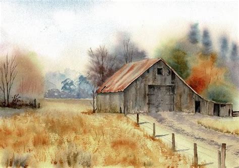 Original watercolour, Original barn painting, Autumn barn, barn in the ...